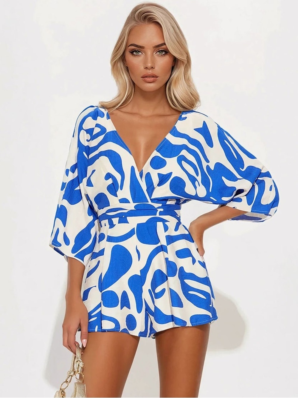 Blue and White Printed Short Romper